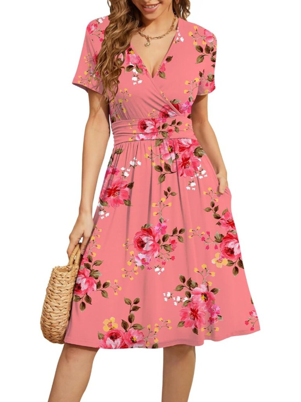 Women's Summer Short Sleeve Casual Dresses V-Neck Floral Party Dress with Pocket